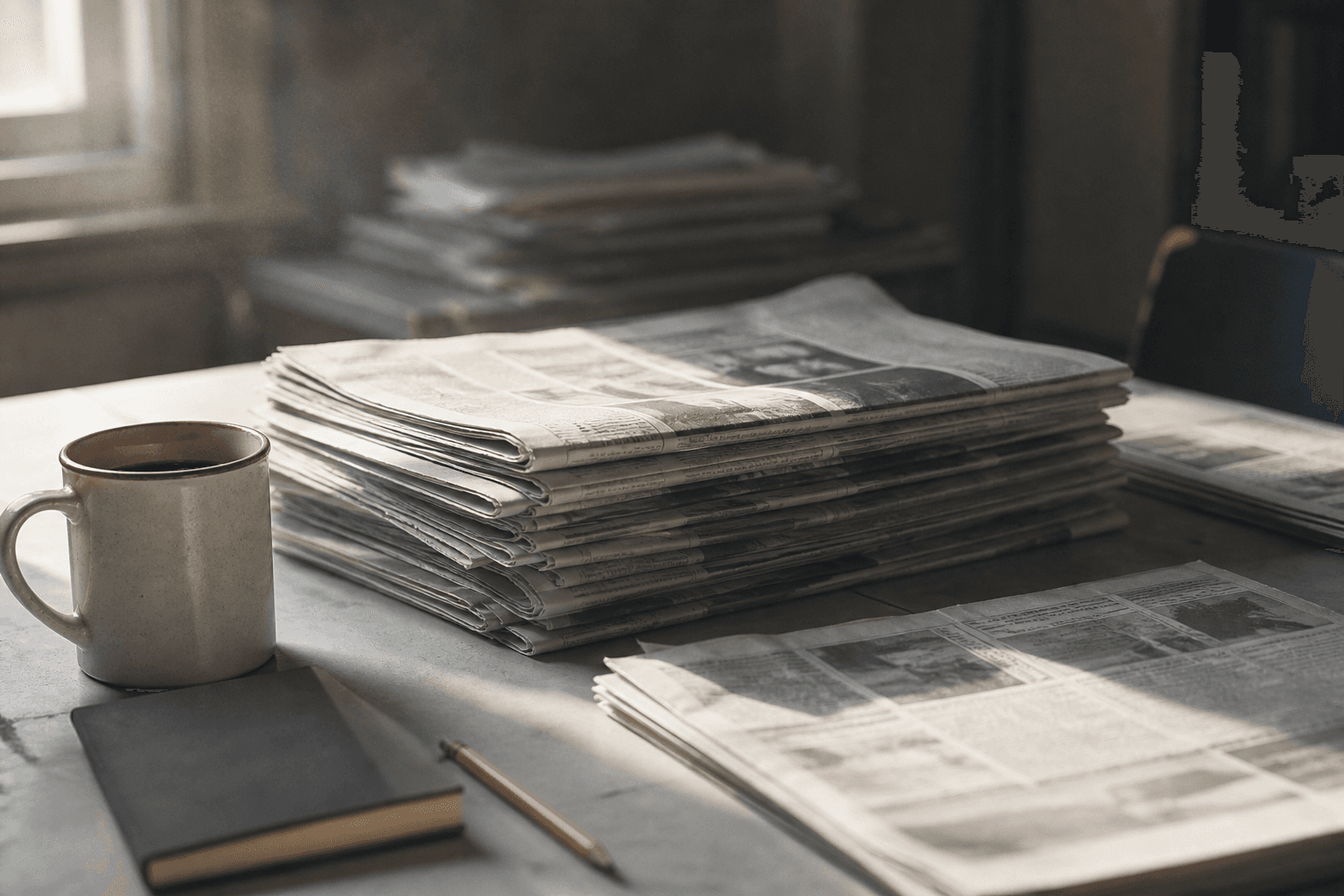 Newspapers, a coffee cup, and a notebook on a newsroom table