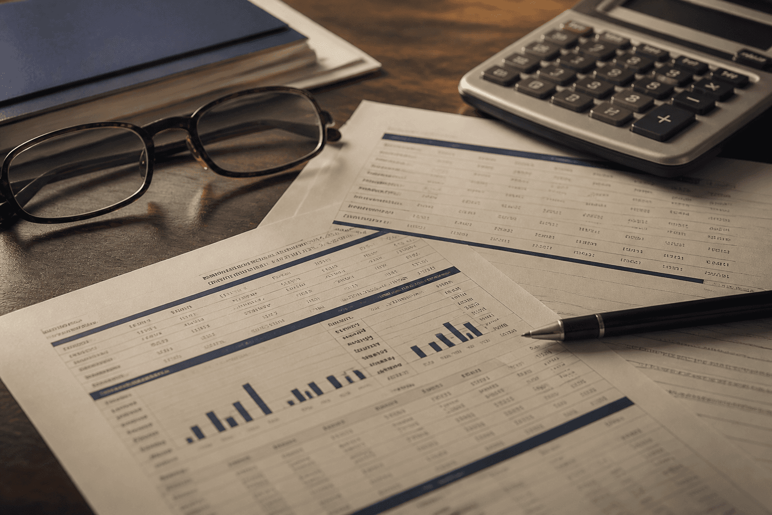 Printed rate tables, a calculator, and reading glasses on a newsroom desk