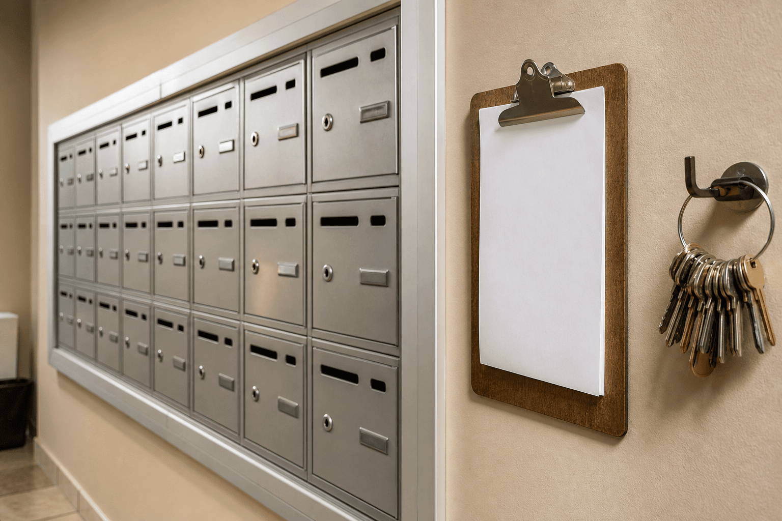Apartment mailboxes, a clipboard, and a ring of keys in a building office