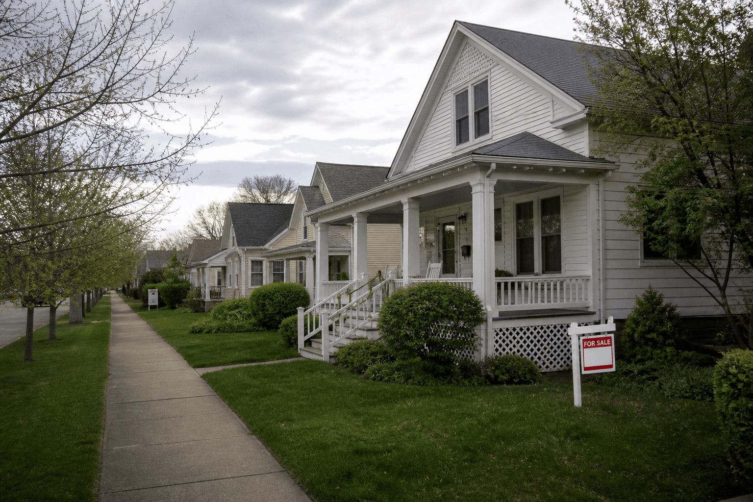 A quiet residential street with a for-sale sign in the front yard